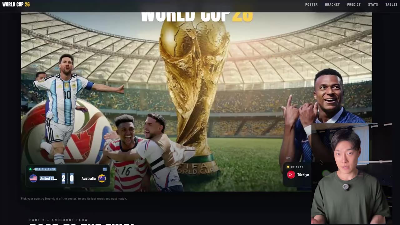 World Cup dashboard hero section with country picker showing latest result and next fixture for the selected nation
