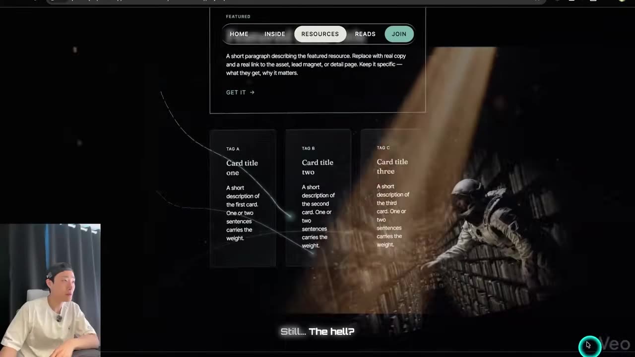 The AI-built animated website after the colour pass, with the new green theme replacing the default gold and orange