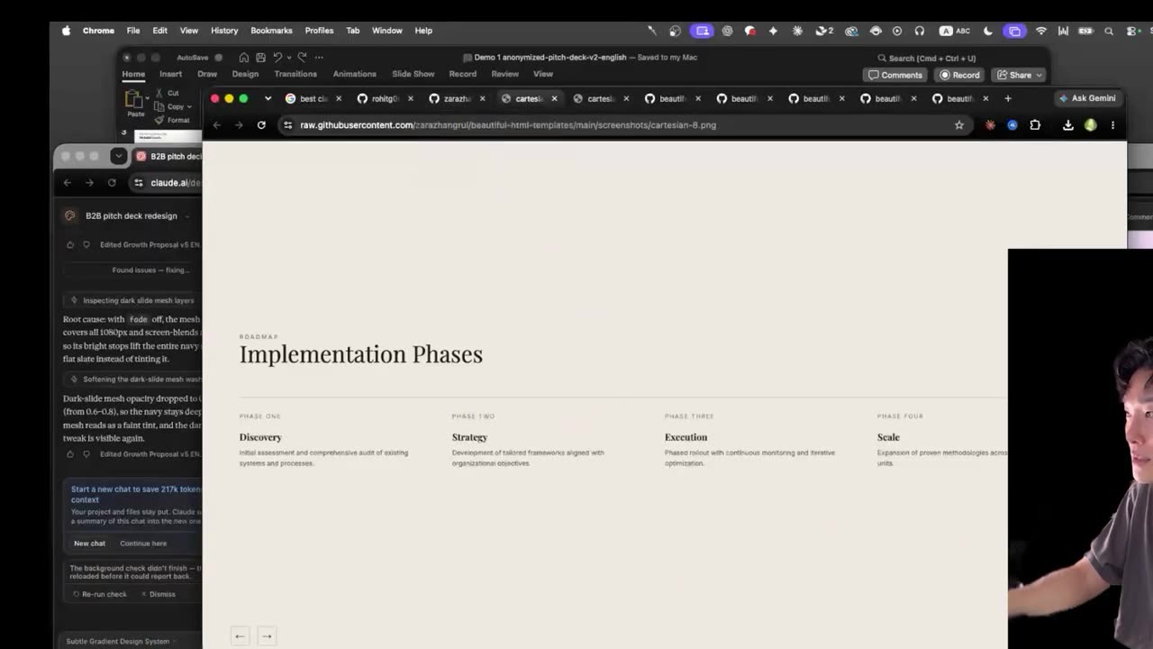 Redesigned pitch deck slide after applying the Cartesian template, with flowing layout, hairline rules and no card grid