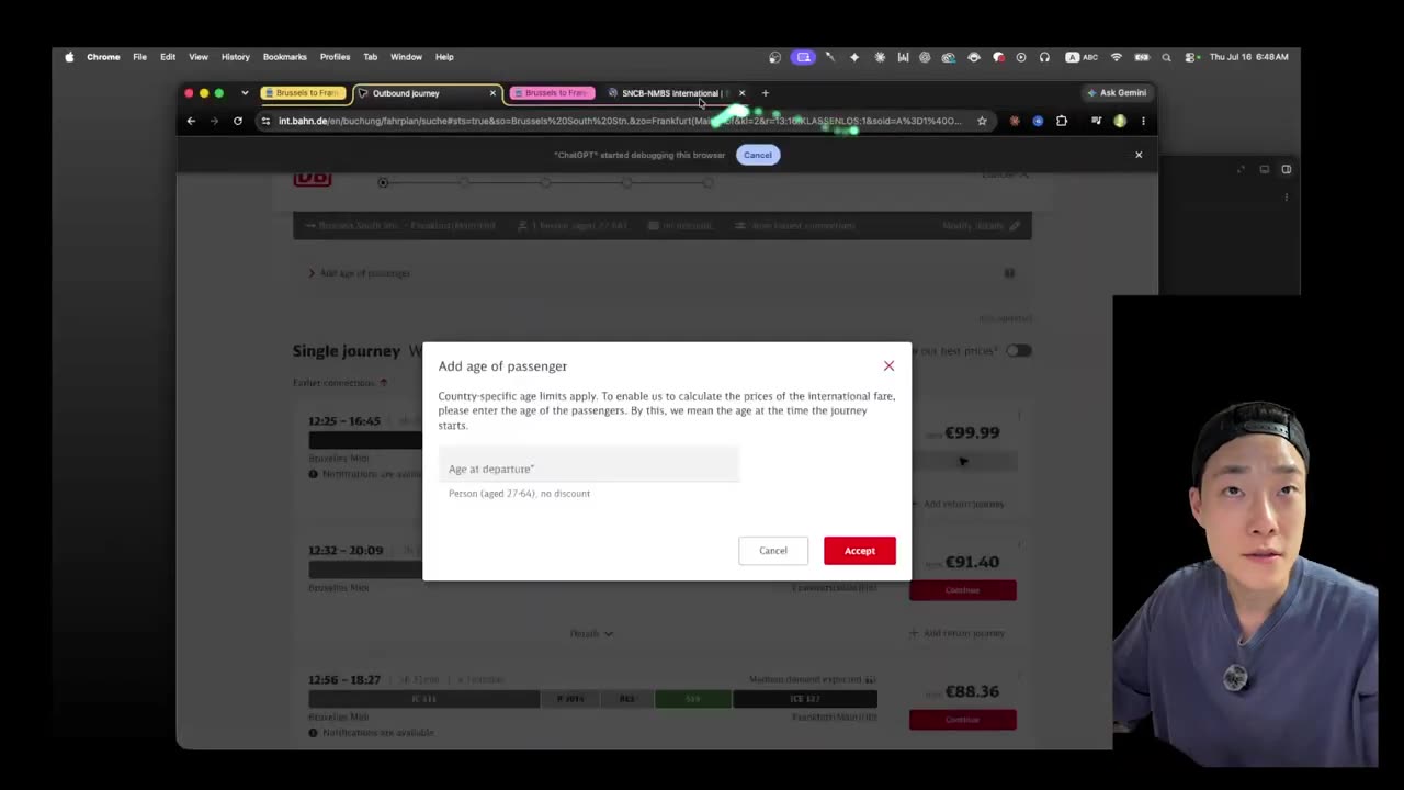OpenAI Codex opening a second Chrome browser window mid-task while searching train tickets from Brussels to Frankfurt