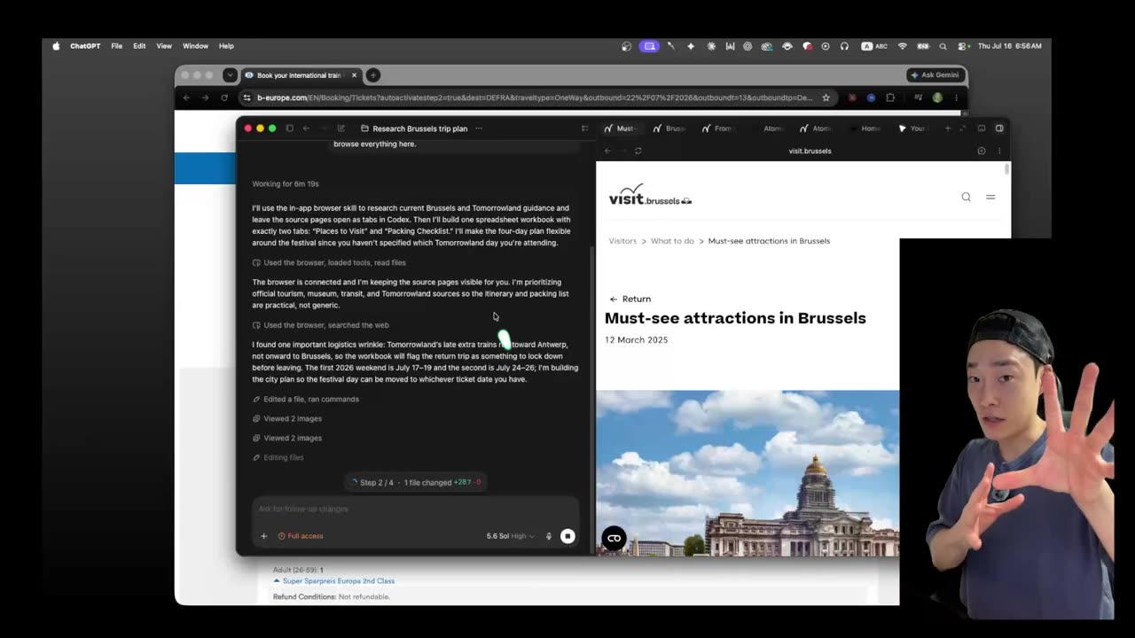 Ten browser tabs open inside Codex alongside a generated spreadsheet workbook of Brussels places to visit