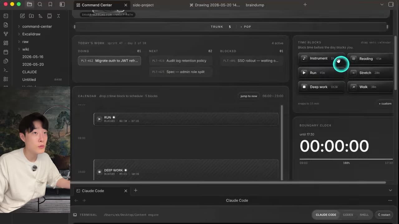 Google Calendar showing stretch, reading, instrument and run blocks synced from the Obsidian command center dashboard