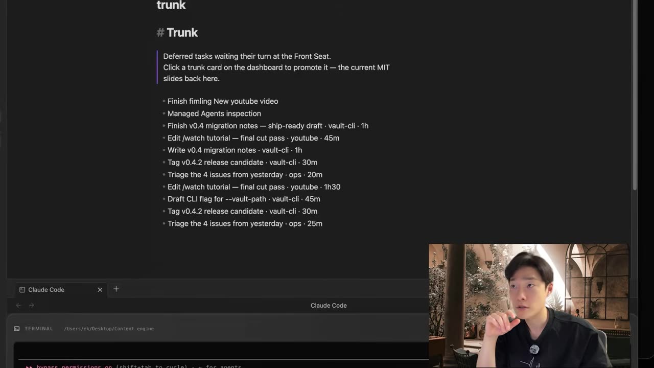Obsidian second brain dashboard shown next to the plain markdown file behind a tile during the live sync demo