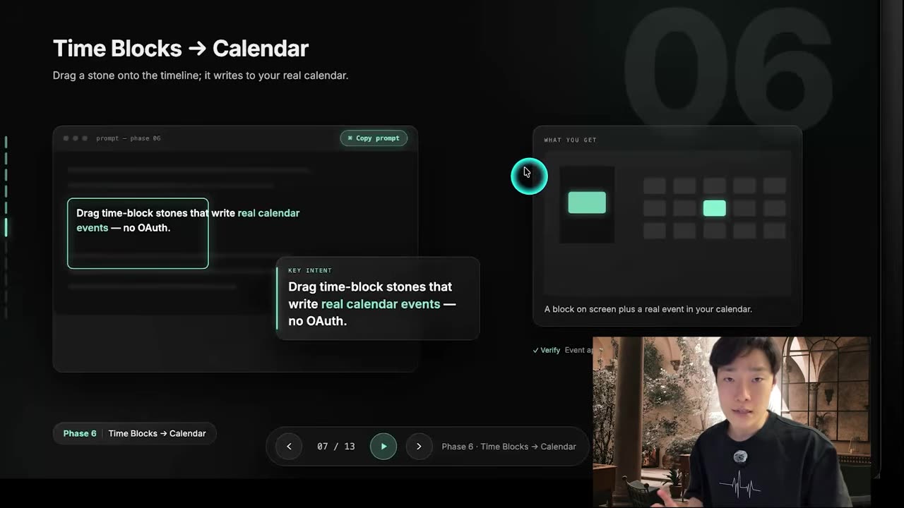 A time block dropped on the Obsidian dashboard timeline appearing as a real event on the calendar
