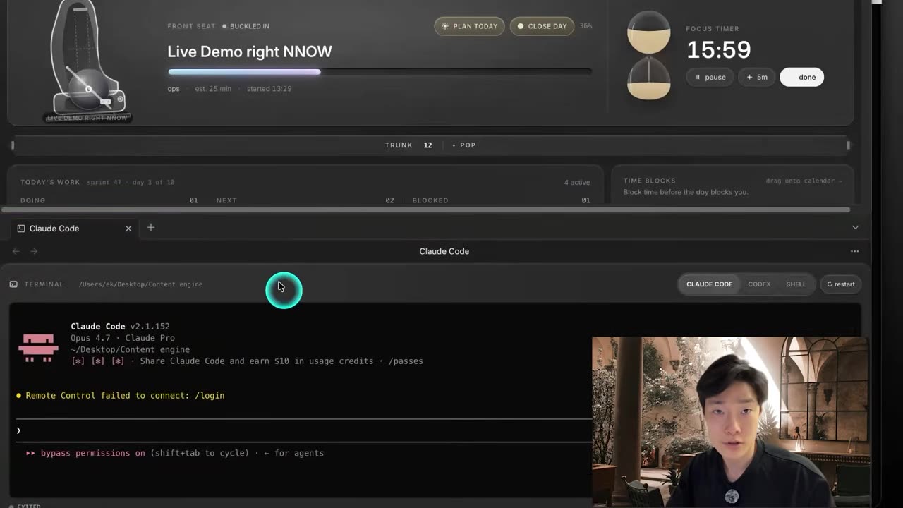Claude Code running in a terminal docked directly below the Obsidian second brain dashboard